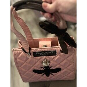 "My Flat in London" Pink quilted handbag Black Queen Bee & crystal detail Y2K